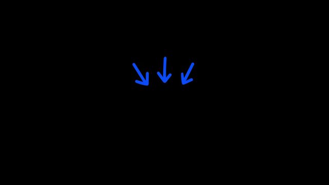 Three thin down pointing hand drawn arrows doodle animation on black background. Doodle arrow hand drawn downward pointing direction. Animated red arrow pointing downward.