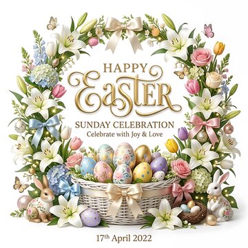 Happy Easter Sunday poster with floral wreath. Decorative eggs in basket for spring holiday.