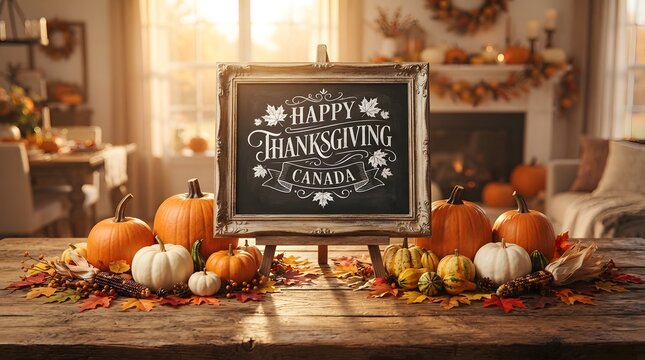A festive happy thanksgiving chalkboard sign surrounded by colorful autumn pumpkins and fall foliage on a rustic wooden table inside a cozy warm home interior
