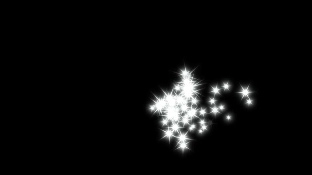 White glow fairy dust trail burst, magical light transition on black background cinematic. 4k video, blinking glitter star shape particles, 2d glitter star sparkle animation, pixie dust path