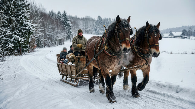 Two draft horses pulling a wooden sleigh with passengers along a snowy forest road