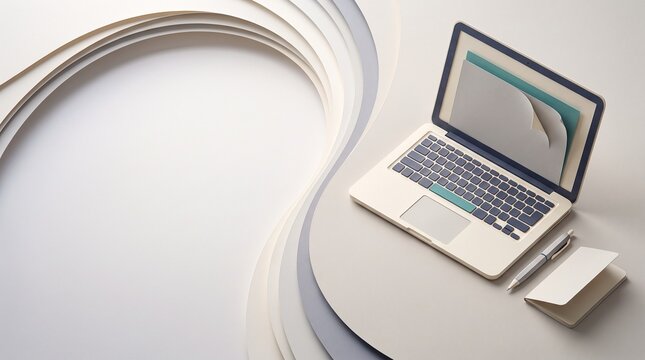 Minimalist 3D laptop mockup on layered paper background with notebook and pen for digital workspace graphic design concept