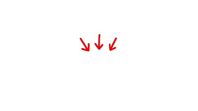 Three thin down pointing hand drawn arrows doodle animation on transparent background. Doodle arrow hand drawn downward pointing direction. Animated red arrow pointing downward.