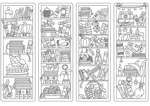 Autumn Elements Bookmark Set And Bookshelf Coloring Page
