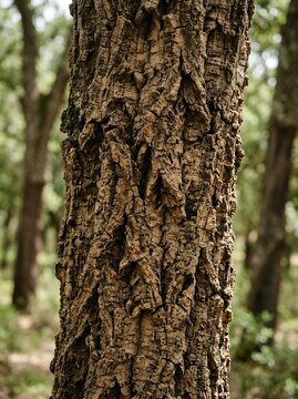 Close-up of rough textured cork tree bark in a forest setting.