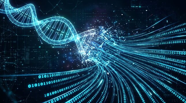 Digital dna double helix structure converting into binary data stream background.