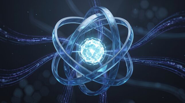 A detailed illustration of an atom with electron paths, representing the fundamentals of atomic structure and science.