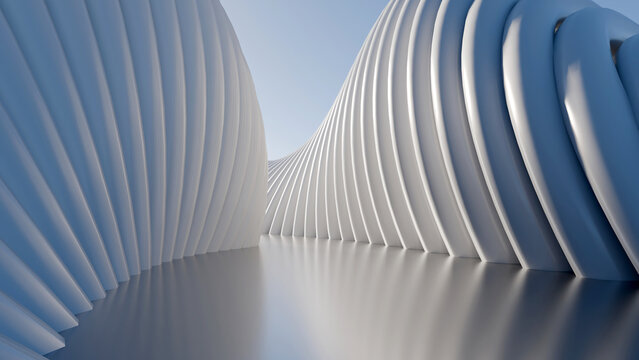 Modern 3D render of futuristic white organic curved parametric wall corridor with smooth reflective floor. Minimalist architectural background
