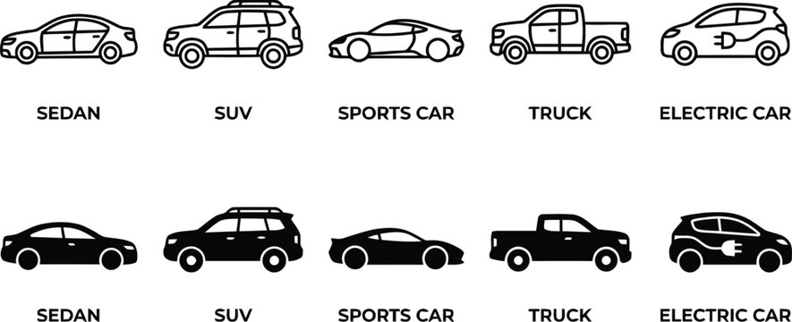 Car Body Style Set Sedan Suv Sports Truck Electric Vehicle Line Vector illustration showing various car body types including sedan, SUV, sports car, truck, and electric vehicle outlines.