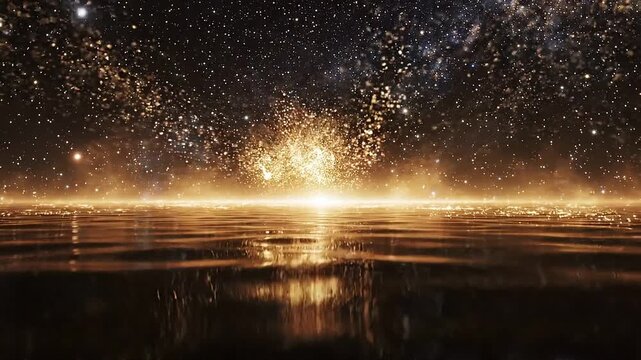 Abstract golden sparkling light particles floating above reflective water surface background.