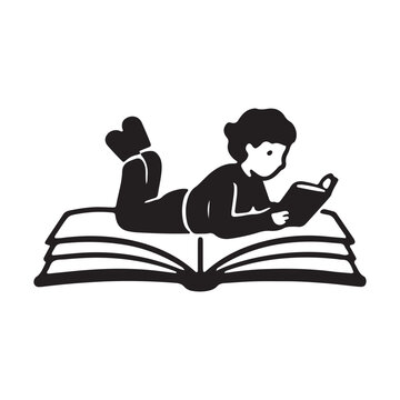 Silhouette of a child reading a book illustration for book lovers application black and white