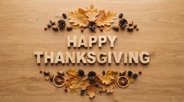 A beautiful festive greeting card design featuring the text happy thanksgiving surrounded by elegant autumn leaves and dried orange slices on a rustic wooden background