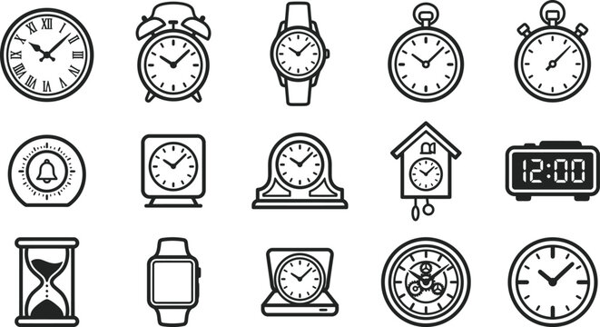 Set of various clock and watch icons in a hand drawn doodle style as an editable vector illustration for time management