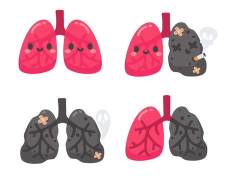 Illustrative sequence showing healthy, happy lungs transforming into dark, damaged organs due to poor choices.