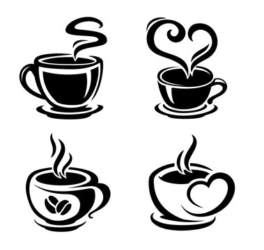 Artistic collection of steaming coffee cups with creative hot drink illustrations and heart symbols