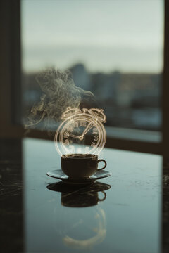 Conceptual coffee cup with clock steam