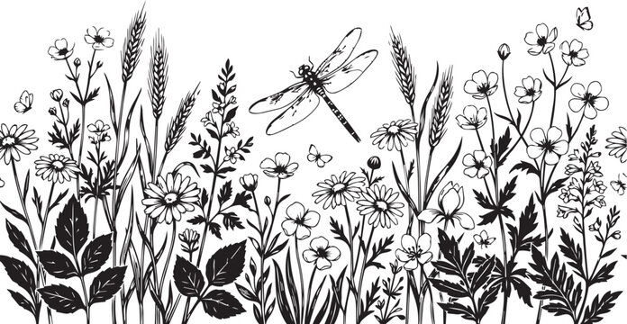 Dragonfly soaring over a meadow of wildflowers during summer in silhouette vector style