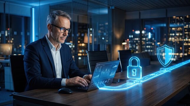 A businessman working late at night on a laptop with holographic security icons illustrating cyber protection.