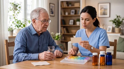 Fototapeta premium A caregiver assists an elderly man with medication management at home, fostering trust and communication.