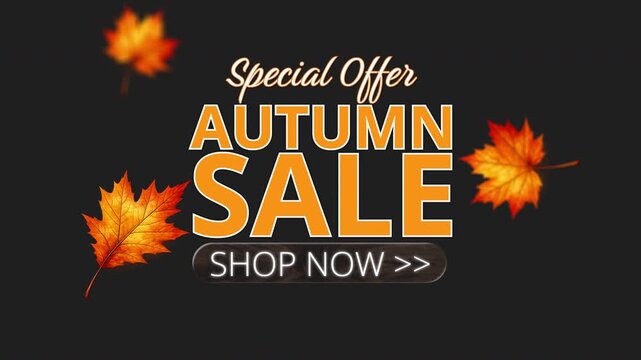 Autumn sale special offer text title animation with falling red and orange maple leaves isolated on transparent alpha background 4k 7