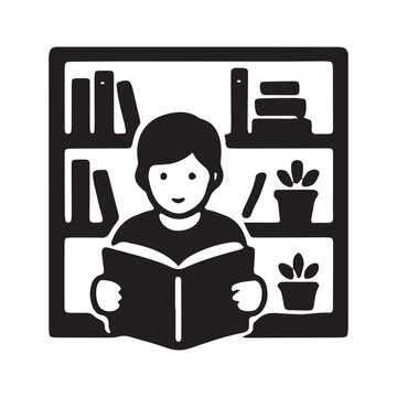 Flat icon of a reader with bookshelf and plant black and white illustration