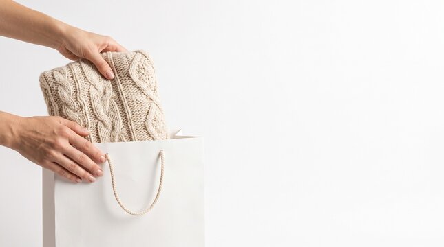 Hands placing a folded cable knit sweater into a white shopping bag against a clean white background Silhouette