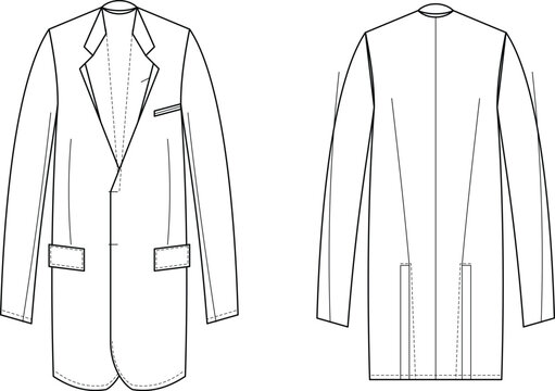 Mens Tailored Long Coat Technical Fashion Flat Front and Back Vector Template