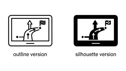 Fototapeta premium Navigation Interface: Two digital representations of a navigation screen, one in outline and one in silhouette, displaying a route with arrows and a checkered flag.
