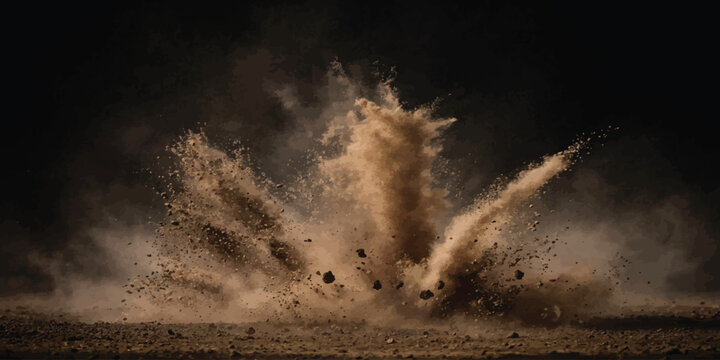 Powerful earth explosion erupting from ground surface with explosion background dramatic eruption fragment conceptual creative shockwave collision detonation scattering blasting