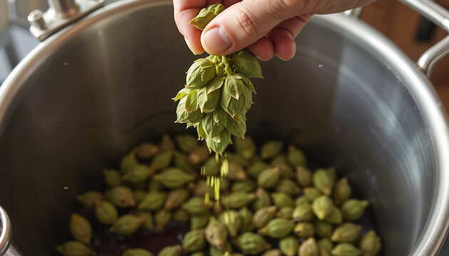 Hand adding fresh hops to brewing pot with green hops in background