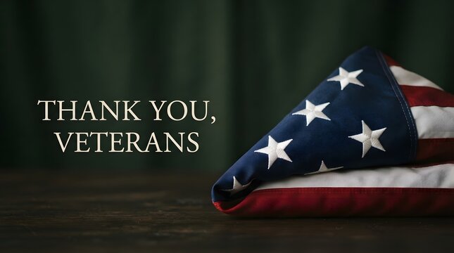 A folded american flag resting on a wooden surface with the text thank you veterans displayed prominently