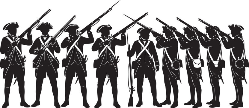 Revolutionary soldiers with muskets aiming forward in a line during a historical reenactment vector silhouette