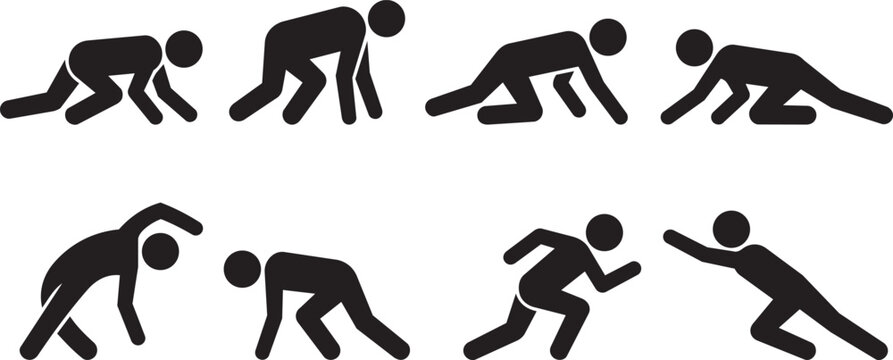 Runner's sequence in silhouette during a race with a white background