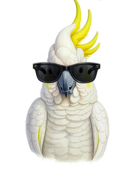 white cockatoo wearing sunglasses , digital art on painted drawing isolated on white background