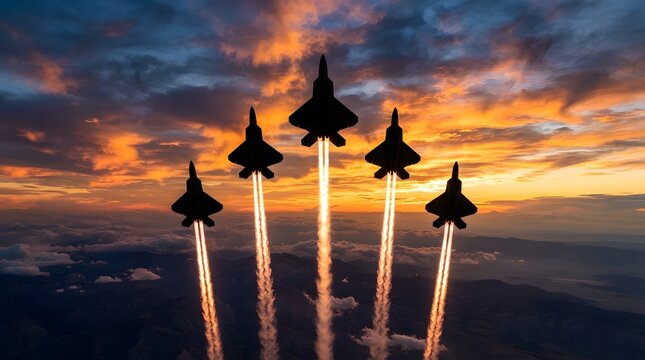 Formation of five military fighter jets flying in the sky during a dramatic golden sunset