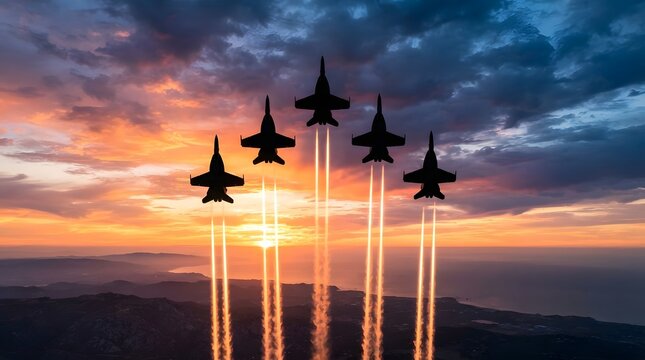 Formation of military fighter jets flying in the sky during a beautiful golden sunset aerial view
