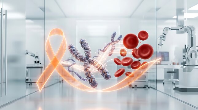 World CML Day Awareness Concept with Orange Ribbon and DNA in Lab