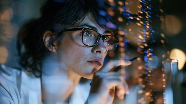Scientist in a high-tech biotech lab analyzing DNA sequences on a holographic display, futuristic setup
