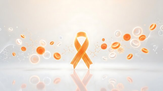 World CML Day Awareness Orange Ribbon with Blood Cells and Molecules