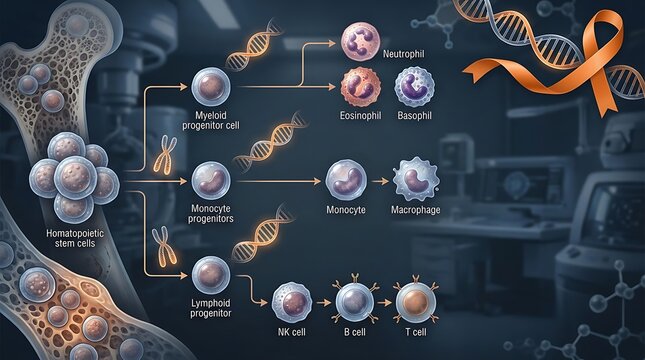 World CML Day Infographic Showing Blood Cell Differentiation