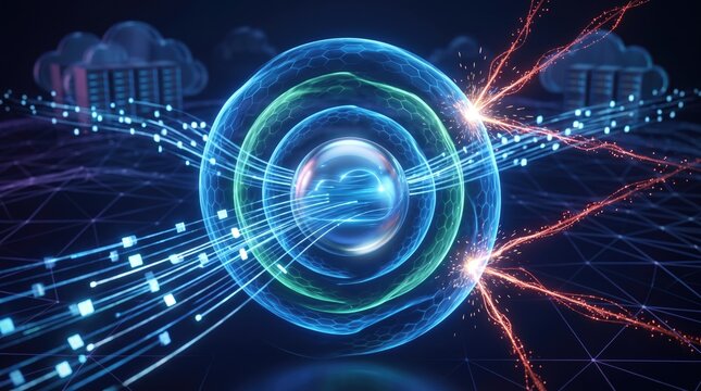 A digital representation showcasing quantum computing with glowing particles and electric sparks in a high-tech environment.