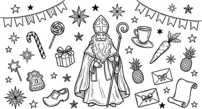 Hand Drawn Sinterklaas Saint Nicholas Vector Element Set with Wooden Shoe, Crosier Staff, Candy Cane, and Dutch Holiday Icons for Christmas Graphic Designs