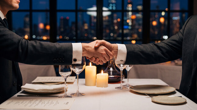 Business handshake over candlelit dinner table with city skyline at night