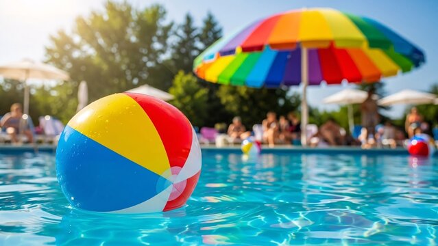 Vibrant summer pool scene with colorful beach ball and rainbow umbrella creating a lively and cheerful atmosphere for outdoor fun and relaxation