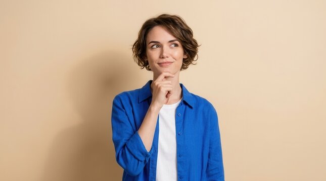Young pensive clever lady wearing a blue shirt, touching her chin and looking away in deep thinking, isolated against a beige color background.