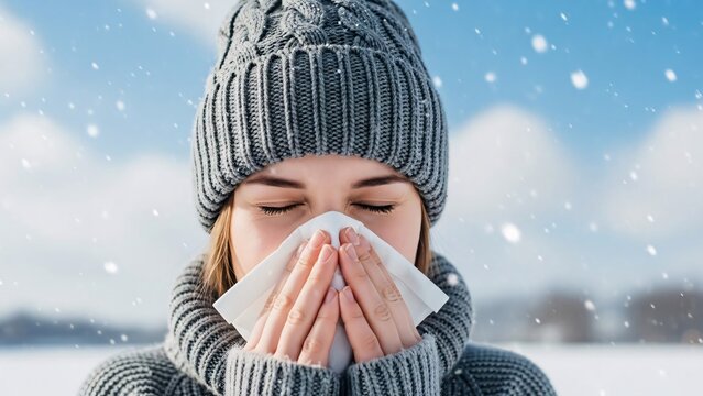 Young woman bundled up in warm winter clothing enjoying the snowy outdoors with a tissue in her hands during cold weather