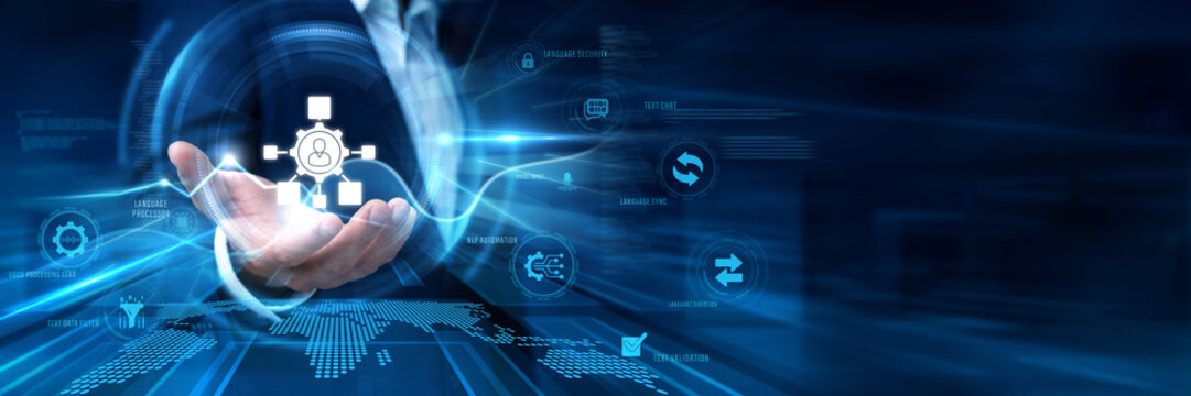 Businessman Hand Hold Natural Language Processing (NLP) and global ai data networking. Computer voice speech text translation, artificial intelligence linguistic code analysis
