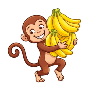 Happy Cartoon Monkey Carrying Large Bunch of Fresh Yellow Bananas
