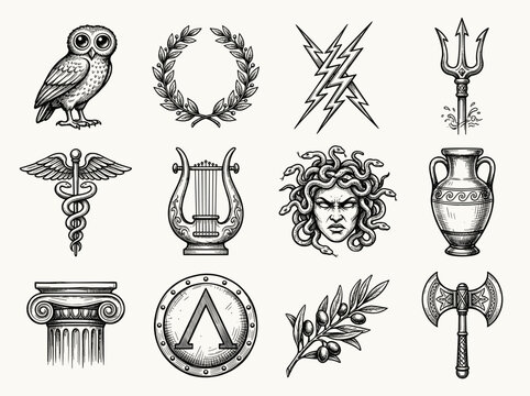 Ancient Greek symbols vector set, hand drawn black ink illustration featuring owl laurel wreath and trident elements