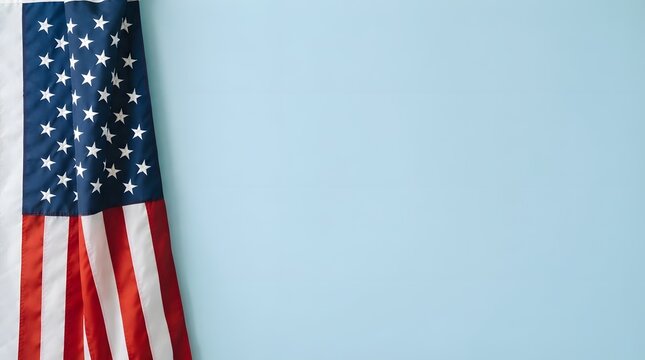American flag hanging on the left side against a light blue background with empty copy space